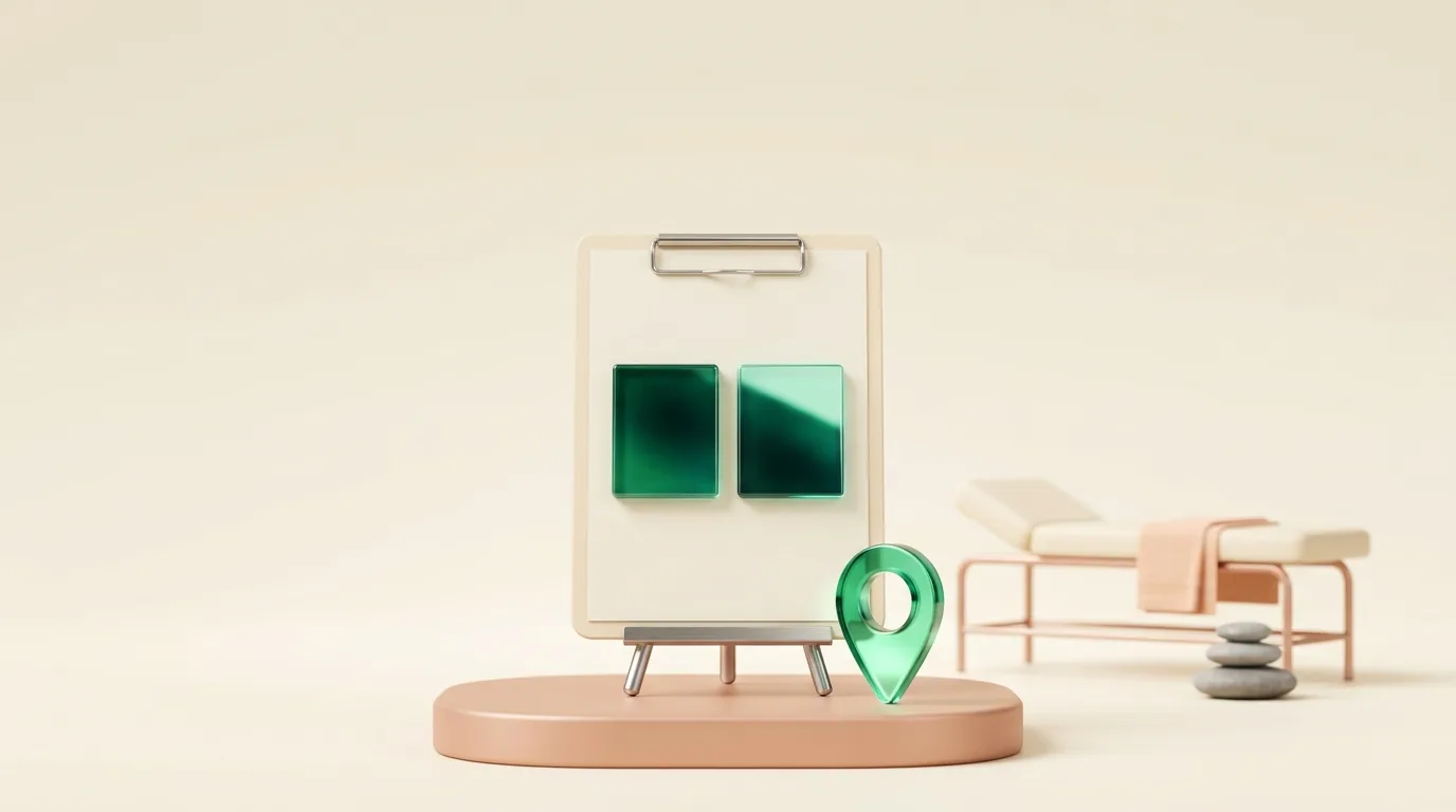 Aesthetic SEO agency brief: a clipboard with two emerald treatment tiles and a map pin beside a med spa treatment bed