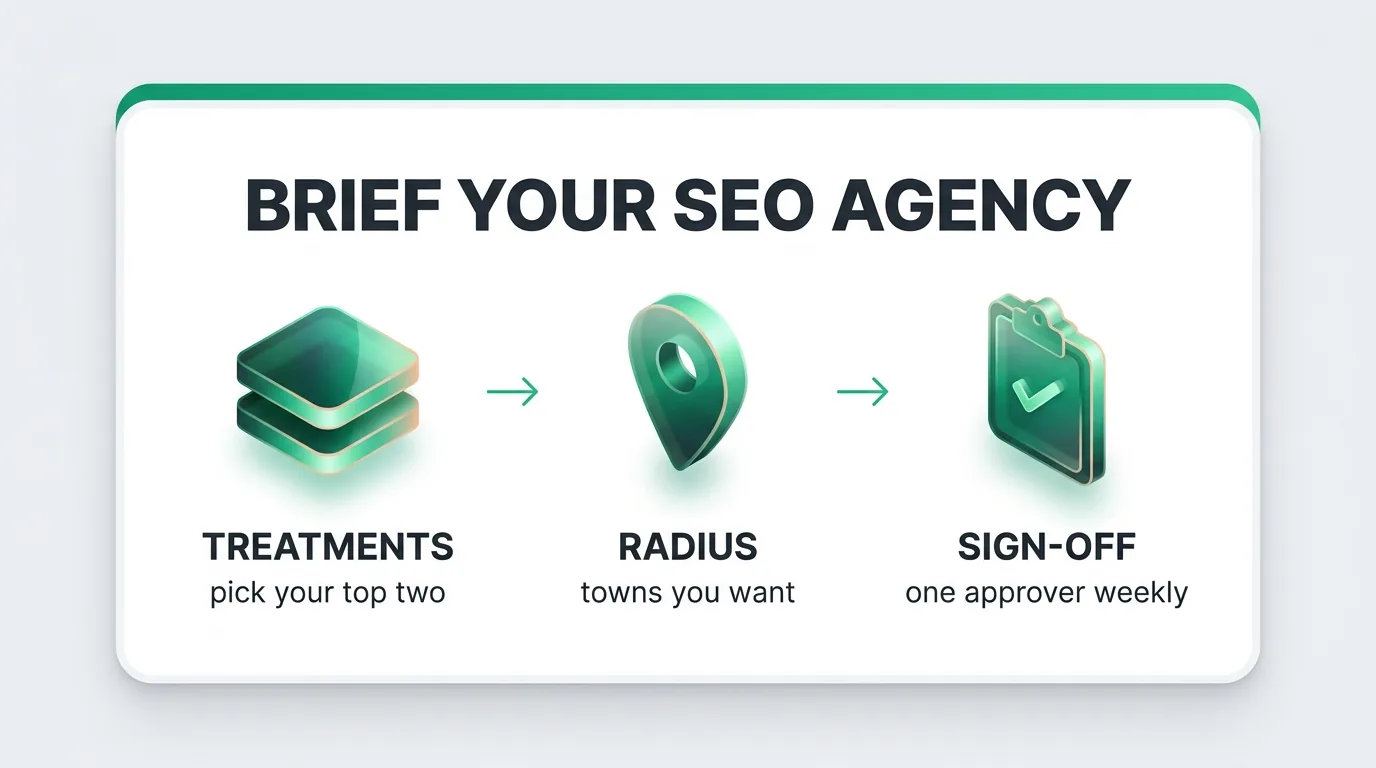 Aesthetic SEO agency brief infographic: pick your top two treatments, set the radius, name one approver