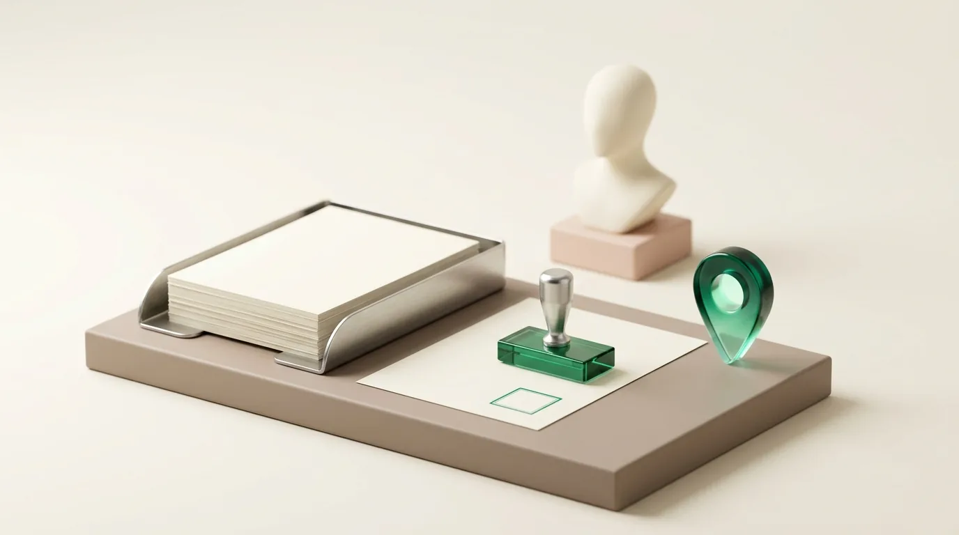 SEO services for plastic surgeons: an emerald approval stamp on a blank page, a stack of pages waiting and a map pin beside a sculpted bust
