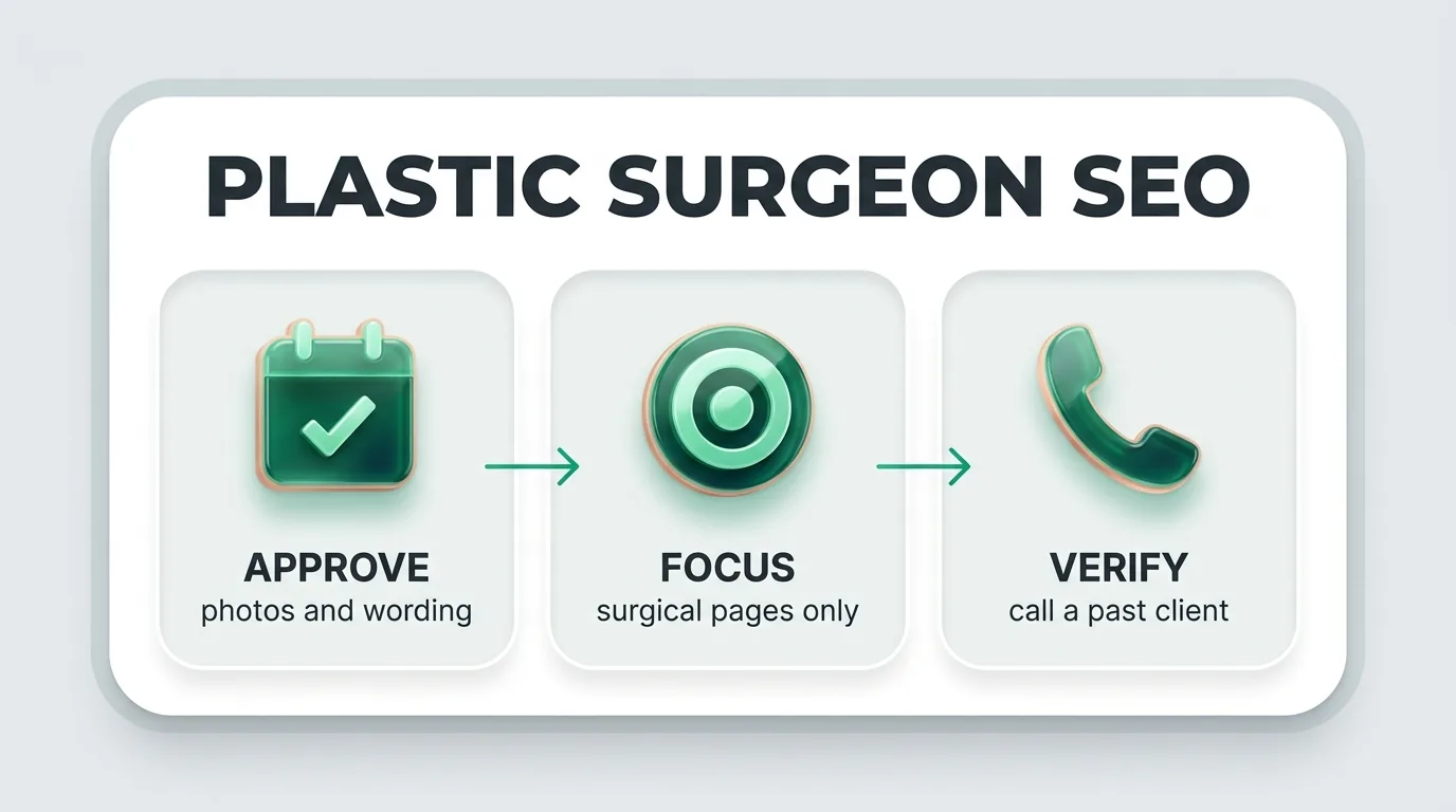 SEO services for plastic surgeons infographic: approve photos and wording, focus on surgical pages, verify with a past client