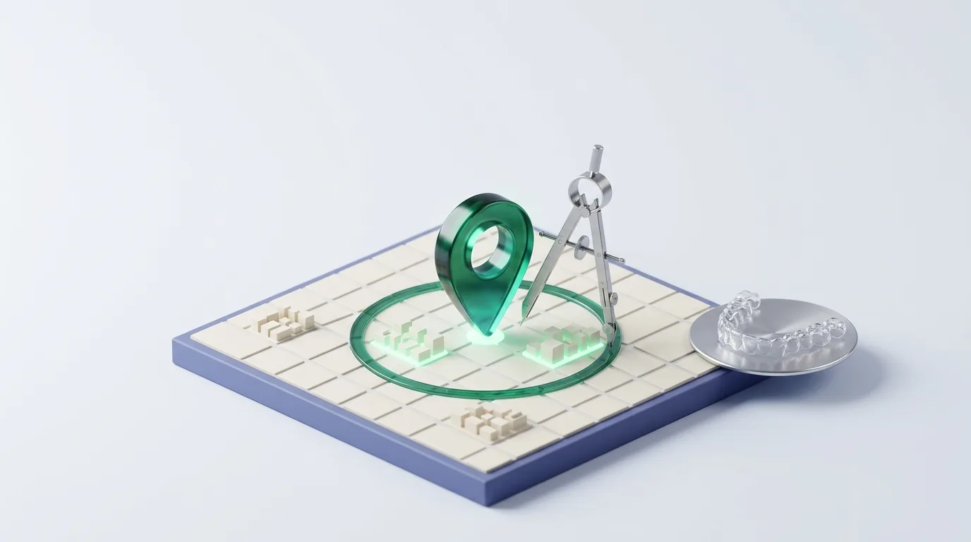Local SEO for orthodontists: an emerald map pin on a town grid with a drafting compass tracing the radius a listing can reach, beside a clear aligner on a chrome plate