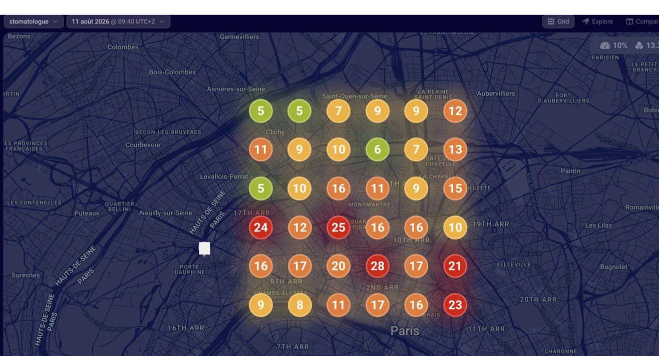Anonymized Paris search positions for stomatologue on 11 August 2026, measured on a six-by-six grid