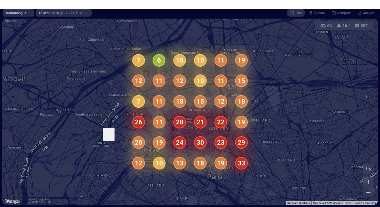 Anonymized Paris search positions for stomatologue on 15 September 2026, measured on the same six-by-six grid