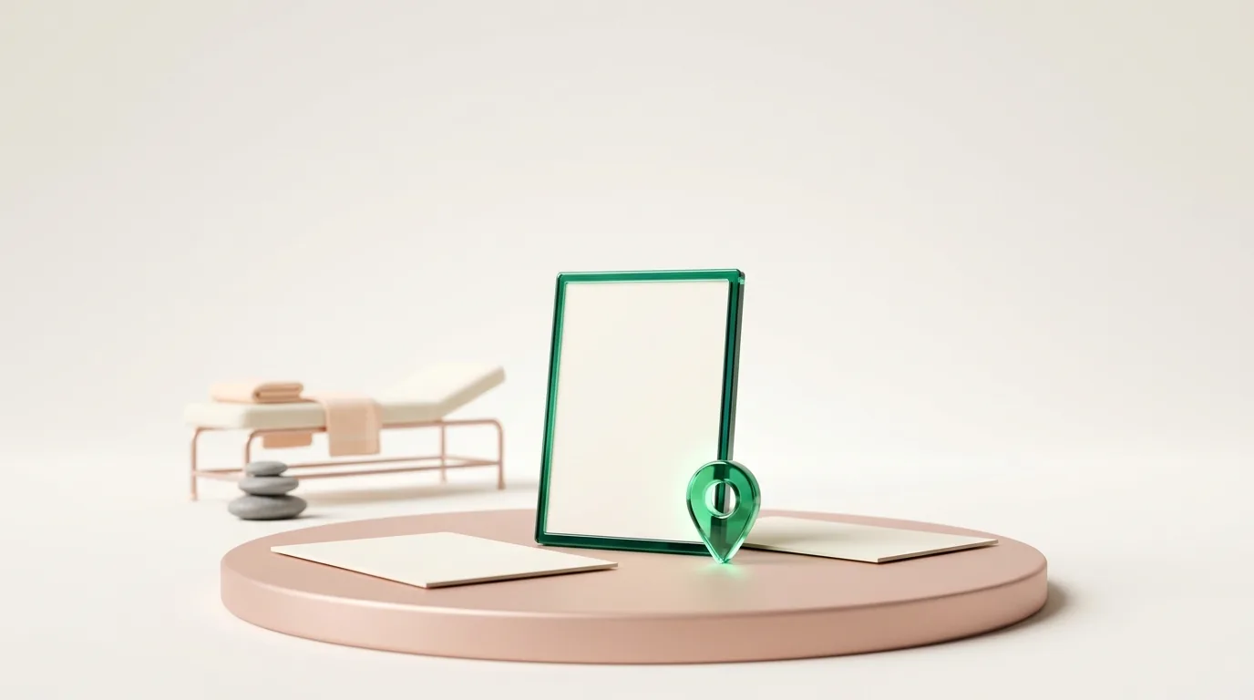 Botox SEO diorama: one emerald-framed treatment page card standing upright beside two flat cards, with a map pin at its base and a med spa treatment bed behind