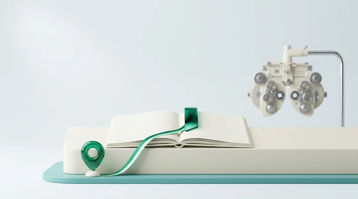 Ophthalmology SEO marketing diorama: an emerald map pin on a clinic reception counter linked by a ribbon to an open appointment ledger, with a phoropter in the background