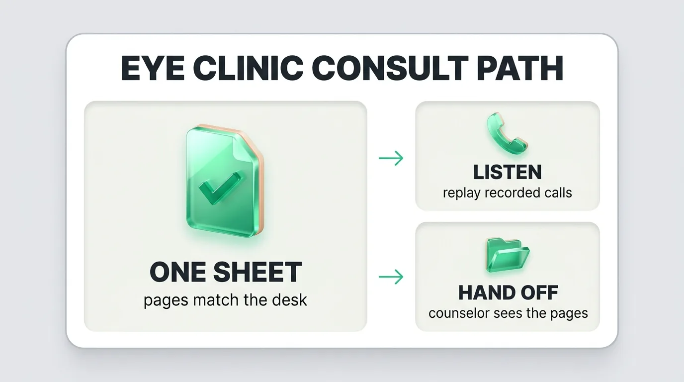 Ophthalmology SEO marketing infographic: one sheet so pages match the desk, listen to recorded calls, hand off the pages to the surgical counselor