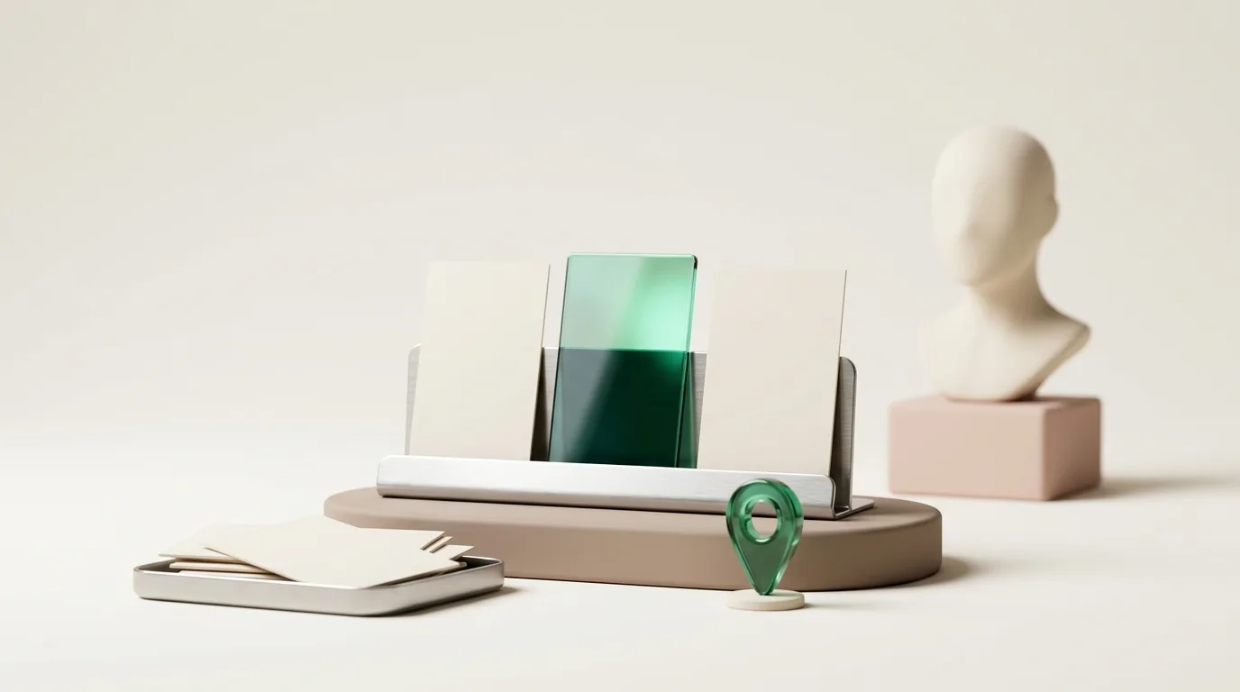 Plastic surgery SEO experts shortlist: three blank cards in a chrome stand, the middle one in emerald glass, with a map pin beside a faceless sculpted bust