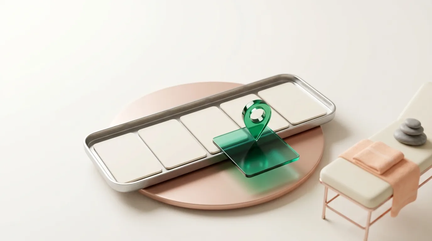 SEO expert for medical aesthetic clinics: one emerald card pulled from a tray of five with a map pin on it, next to a med spa treatment bed