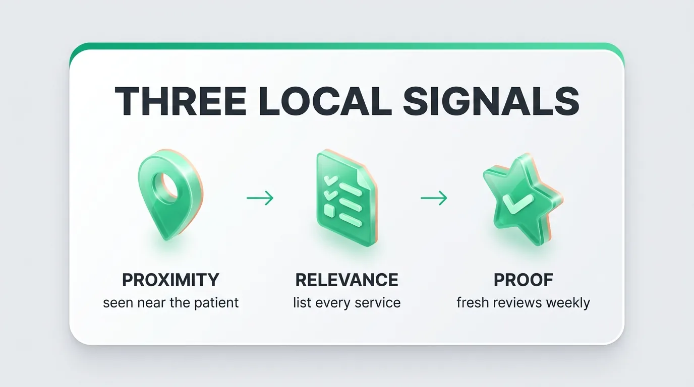 Local SEO for dermatologists infographic: proximity, relevance and proof, the three local signals