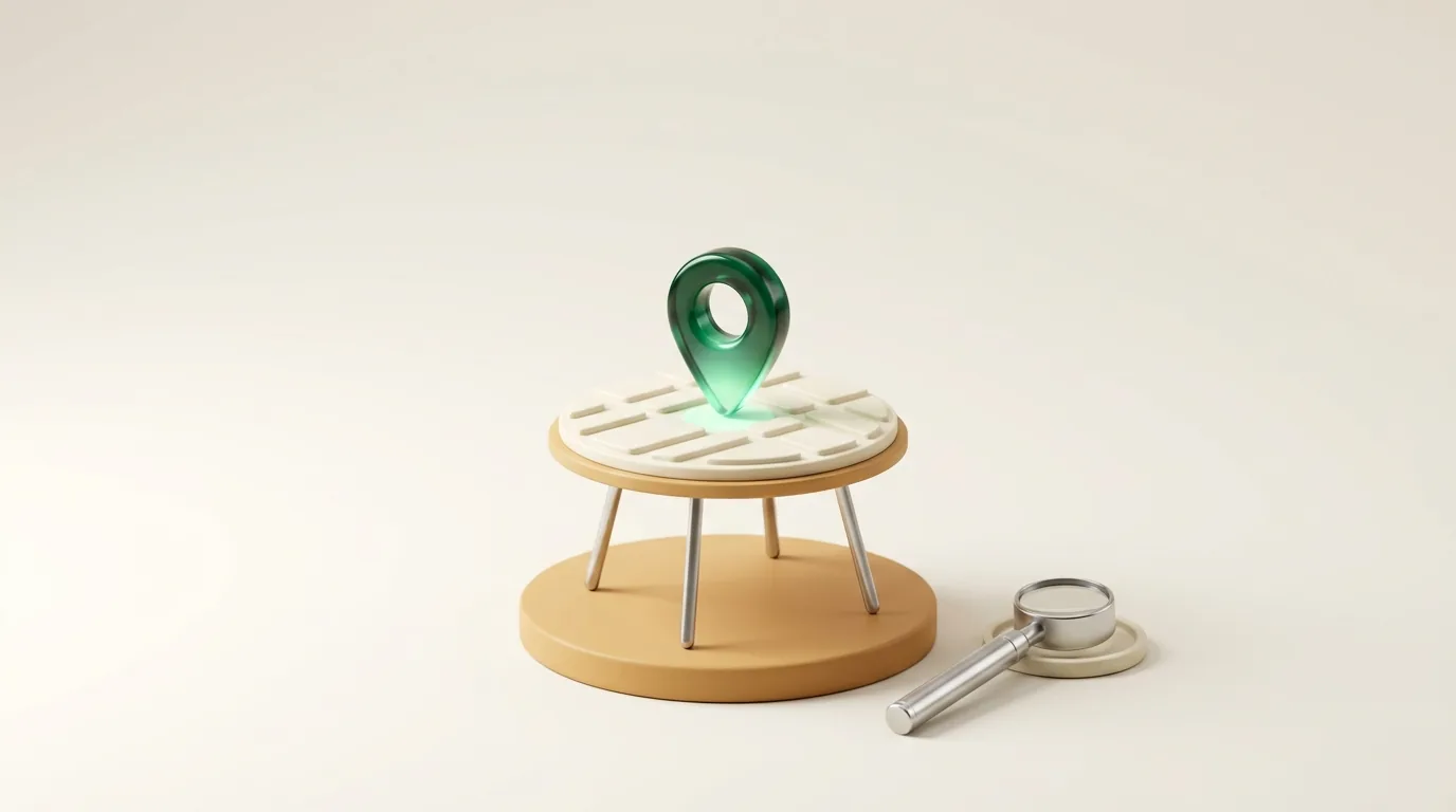 Local SEO for dermatologists: an emerald map pin on a neighbourhood map table beside a chrome dermatoscope