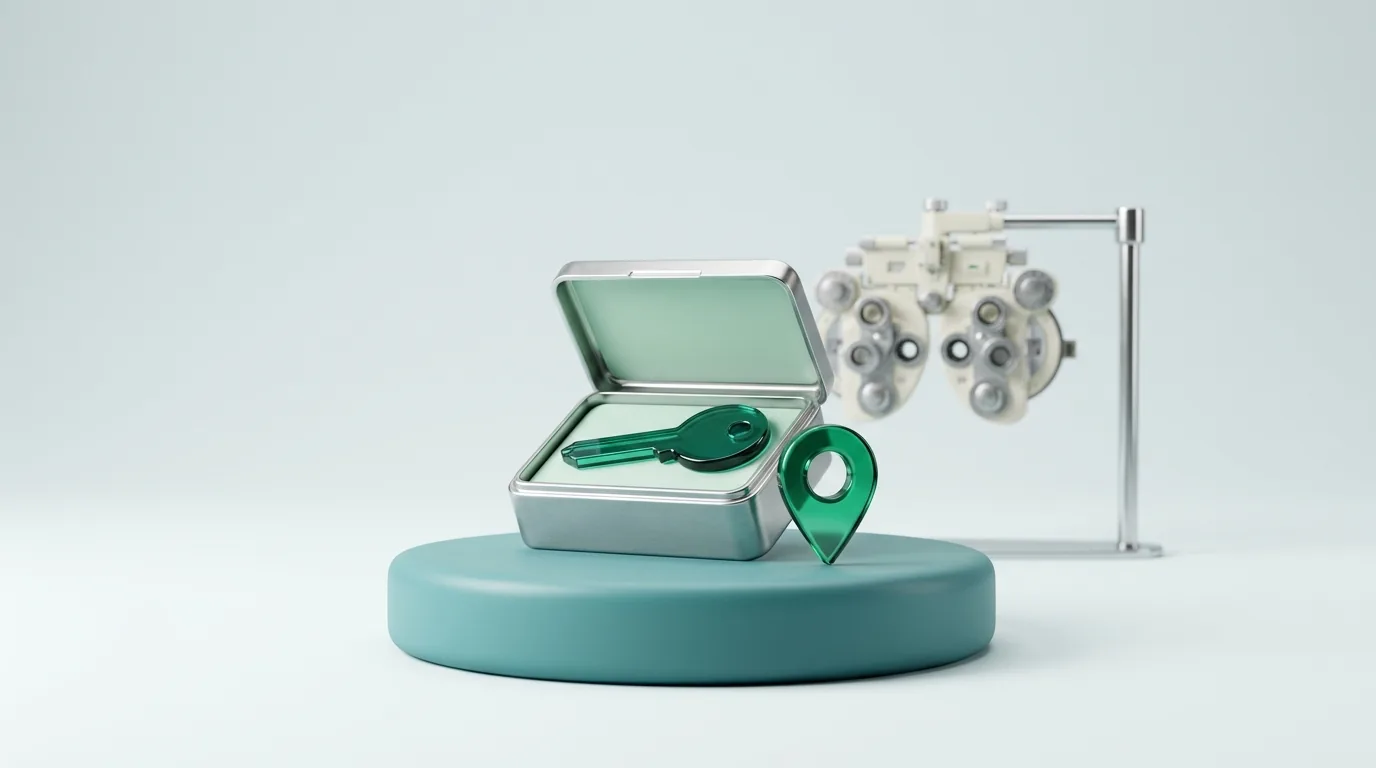 SEO services for optometrists: an open chrome lockbox holding an emerald glass key beside a map pin, with a phoropter behind, showing practice ownership of SEO work