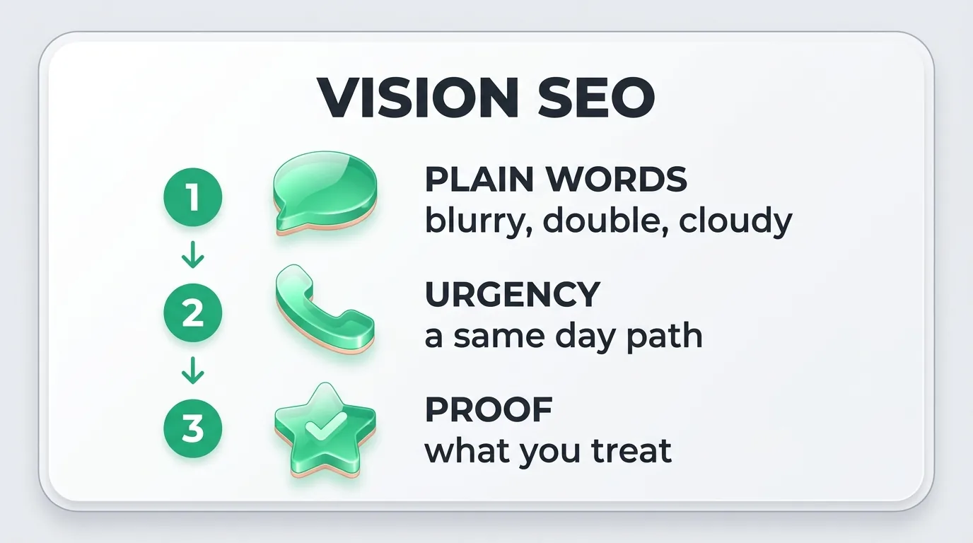 SEO vision infographic: plain patient words like blurry, double, cloudy, a same day path for urgent cases, and proof of what your clinic treats