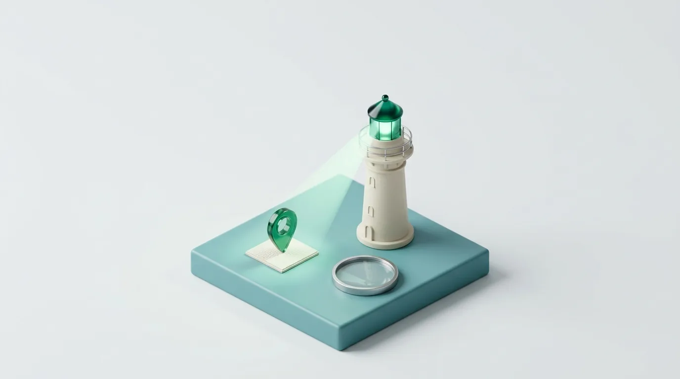 SEO vision for eye clinics: a miniature lighthouse with an emerald lantern shining its beam onto a map pin beside an optical lens disc