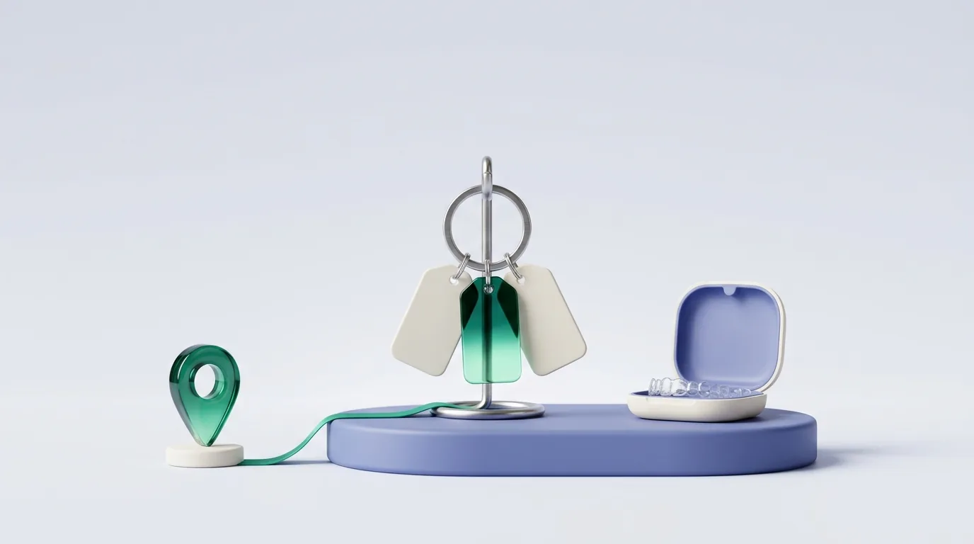 Orthodontist SEO company ownership: an emerald glass tag on a chrome key ring linked to a map pin, beside a clear aligner case
