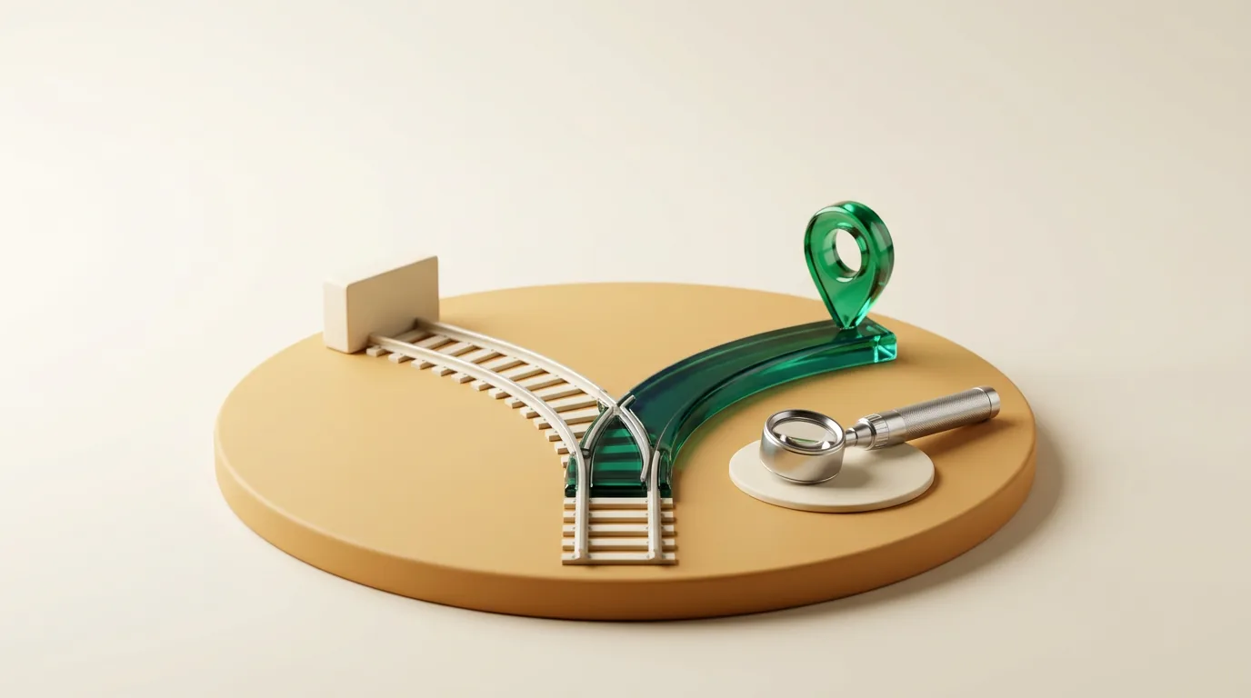 SEO for dermatologists: a chrome track splitting in two, the emerald branch leading to a map pin, beside a dermatoscope