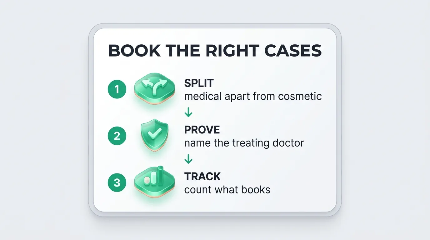 SEO for dermatologists infographic: split medical from cosmetic, name the treating doctor, count what books