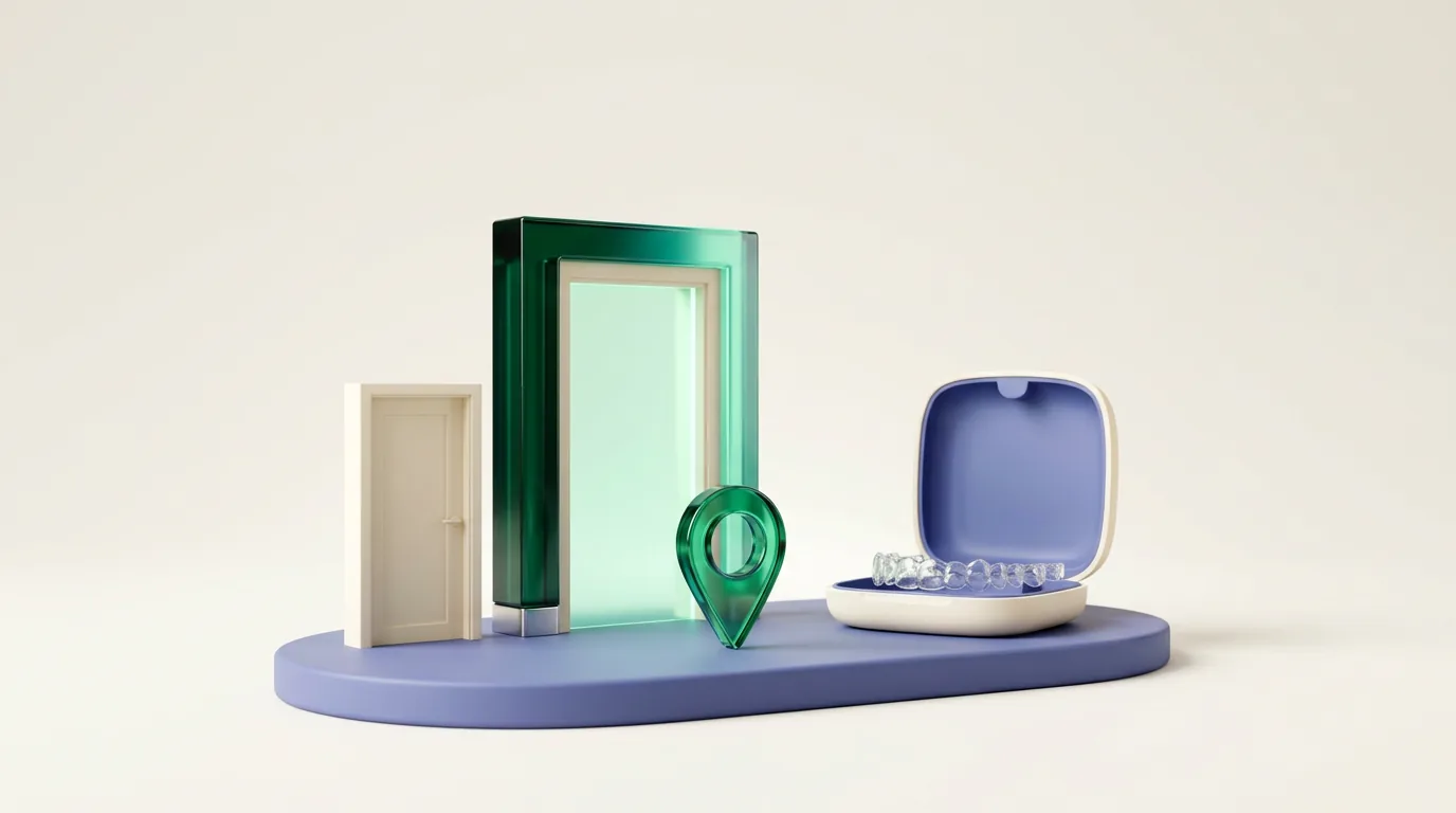 Orthodontist search engine optimization: a tall emerald doorway with a map pin beside a plain door and an open aligner case