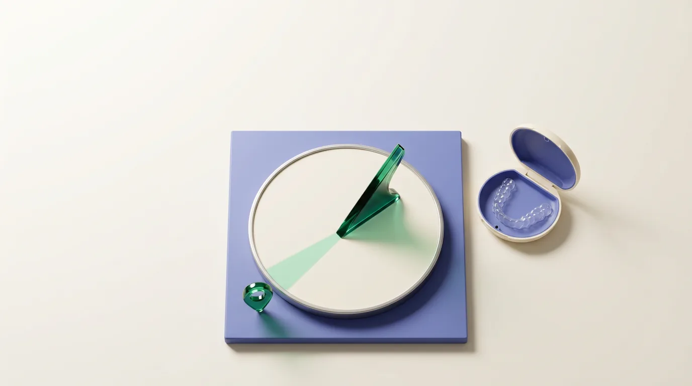 SEO orthodontics: a sundial with an emerald gnomon whose shadow reaches a map pin, next to an open aligner case