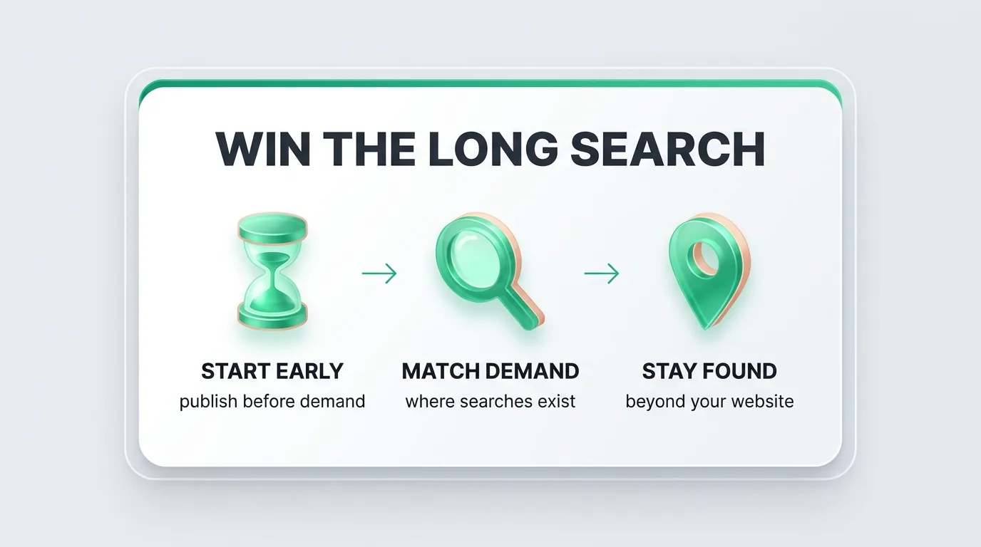 SEO orthodontics infographic: start early, match existing demand, stay found beyond your website