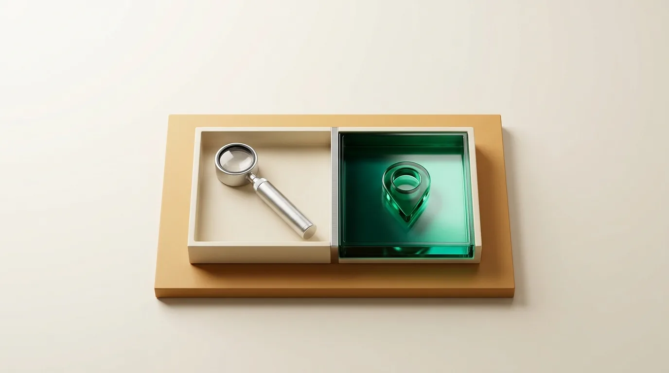Dermatologist SEO: a two-compartment tray with a dermatoscope on one side and an emerald map pin on the other