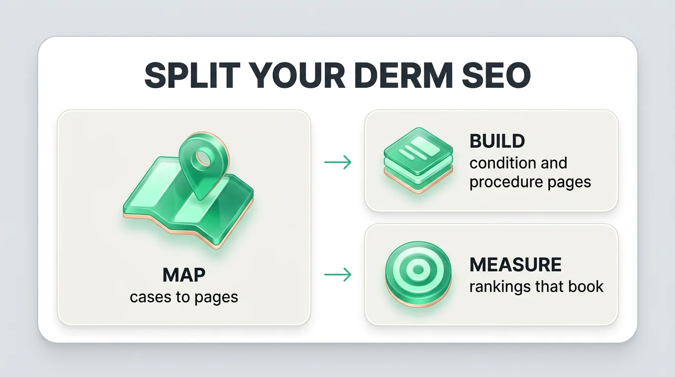 Dermatologist SEO infographic: map cases to pages, build condition and procedure pages, measure rankings that book