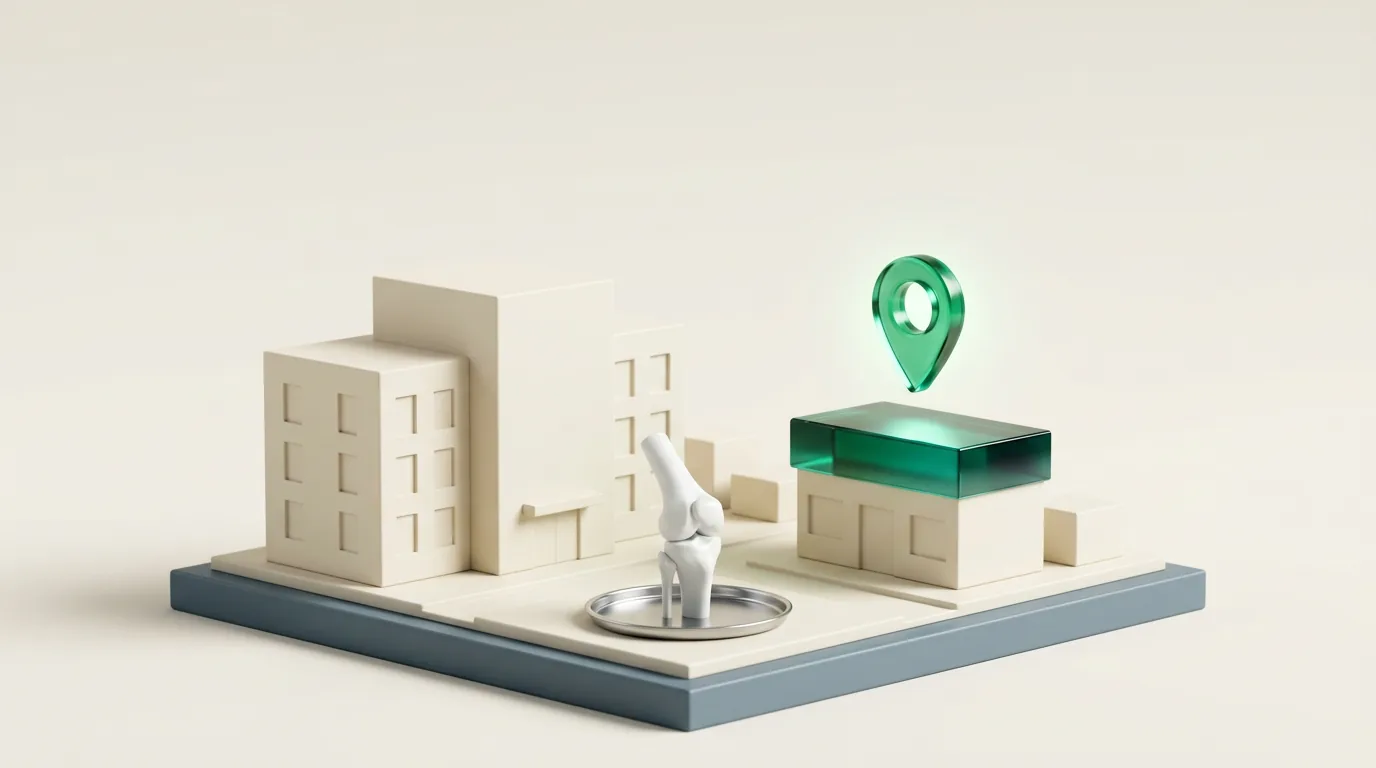 SEO for orthopedic practices: a small clinic with an emerald roof and map pin beside a large hospital block and a knee-joint model