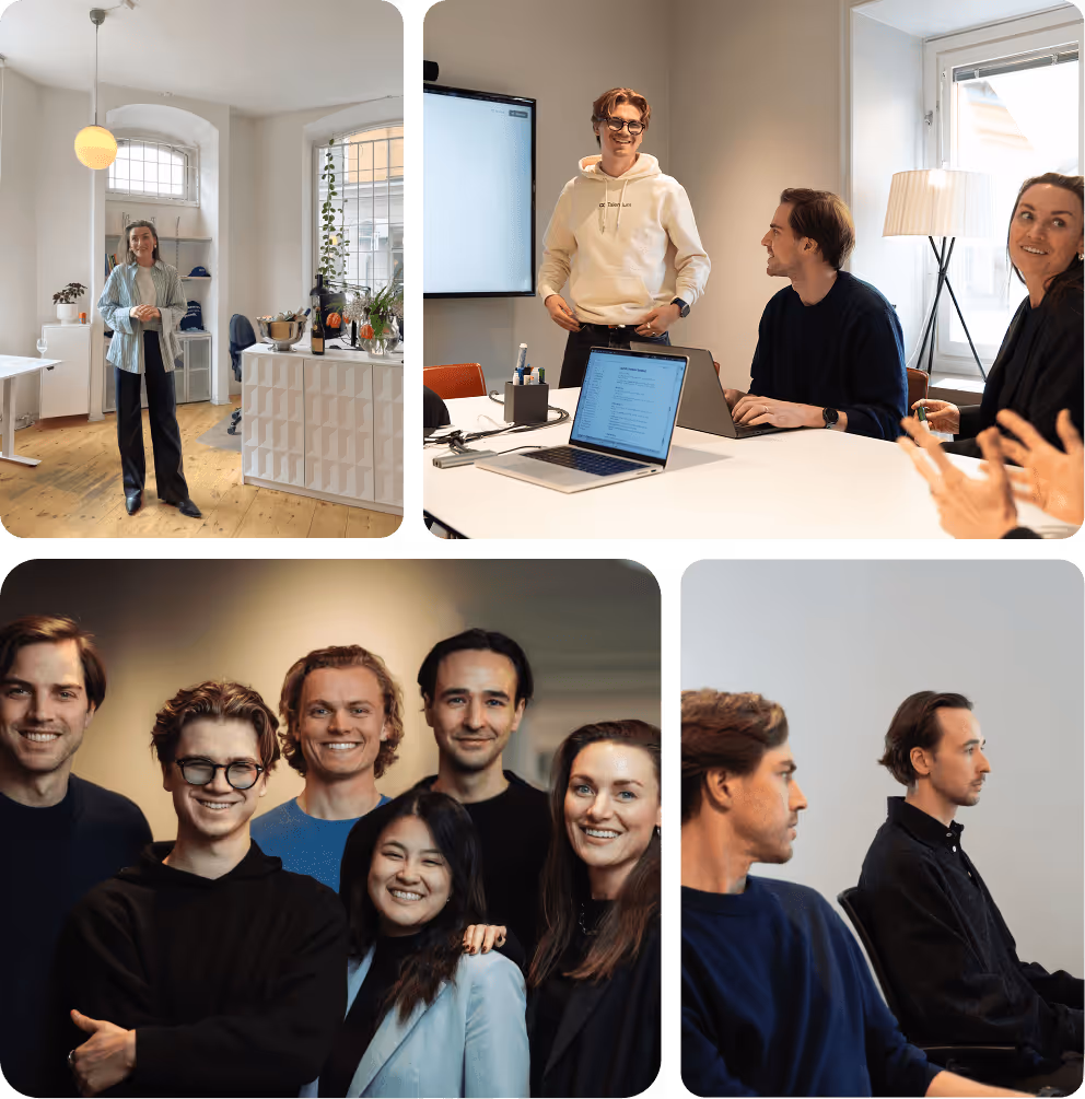 Collage of team members at Talentium working and collaborating in a modern office environment, including meetings, casual conversations, and individual work.