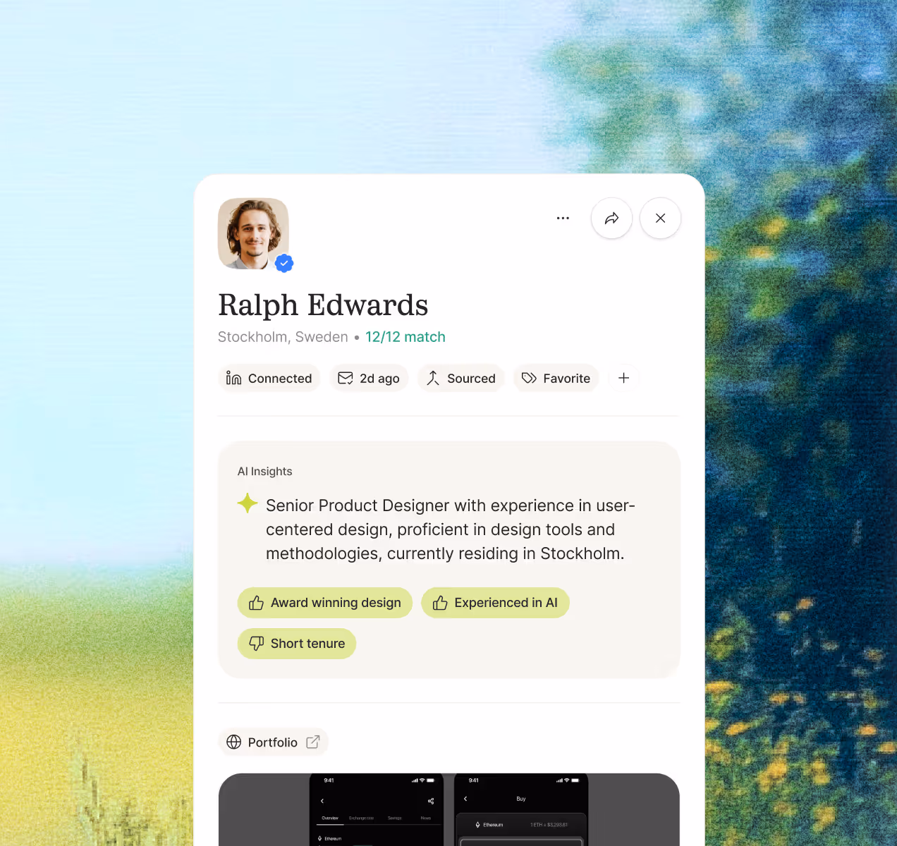 Talentium profile view showing candidate details, AI insights, and portfolio preview.