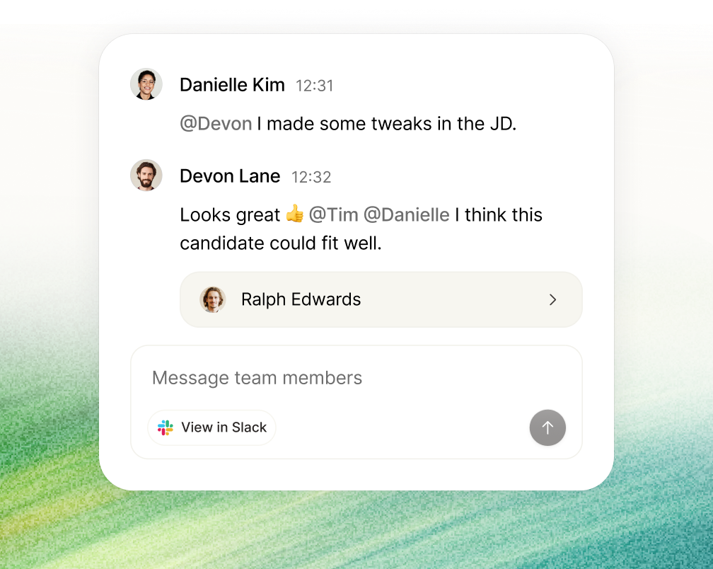 Talentium collaboration view showing team chat discussing a candidate.