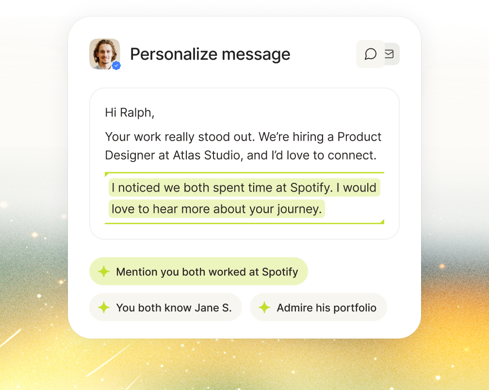 Talentium inbox view showing personalized candidate message with AI suggestions.