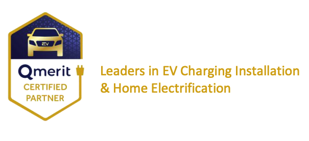 Qmerit Certified Partner badge with electric vehicle icon and text stating Leaders in EV Charging Installation & Home Electrification.
