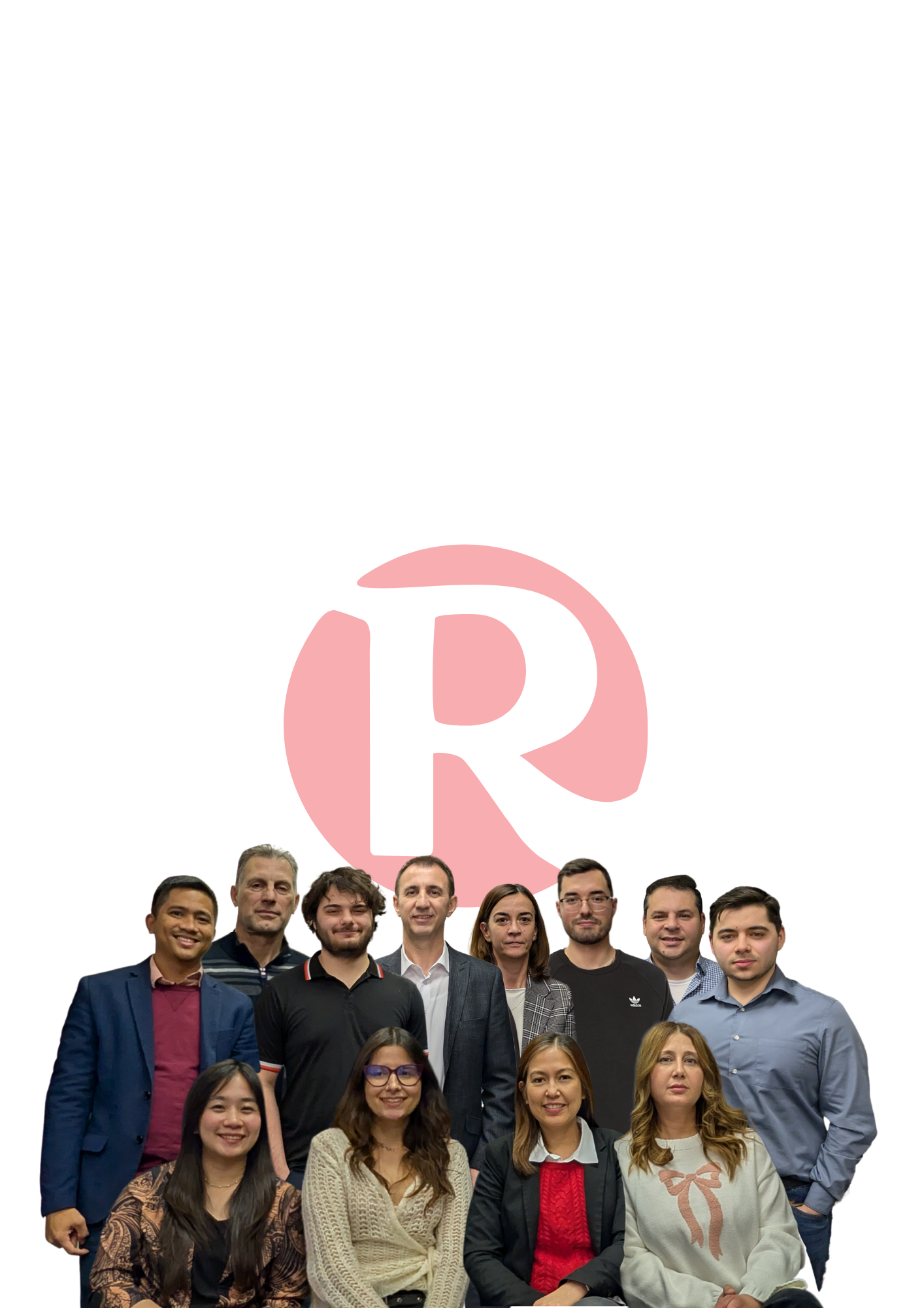 A diverse group of seven professionals in business attire, standing confidently in front of the Roca logo.
