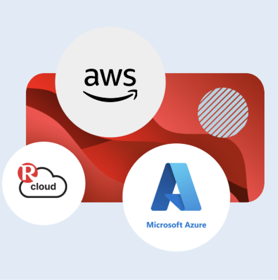 AWS, Roca cloud, and Microsoft Azure logos on a red graphic background.
