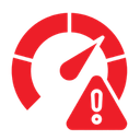 Red speedometer icon with a warning sign, indicating a critical alert.