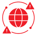 Icon of a globe surrounded by circular arrows and triangle warning symbols with exclamation marks