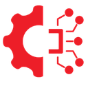 Icon showing the left half of a mechanical gear connected a network node pattern