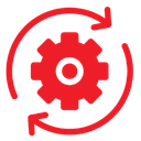 Icon showing a central mechanical gear enclosed by two curved arrows forming a circle
