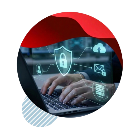 A person typing on a laptop with a digital holographic display representing network security, data protection, and encrypted communications.