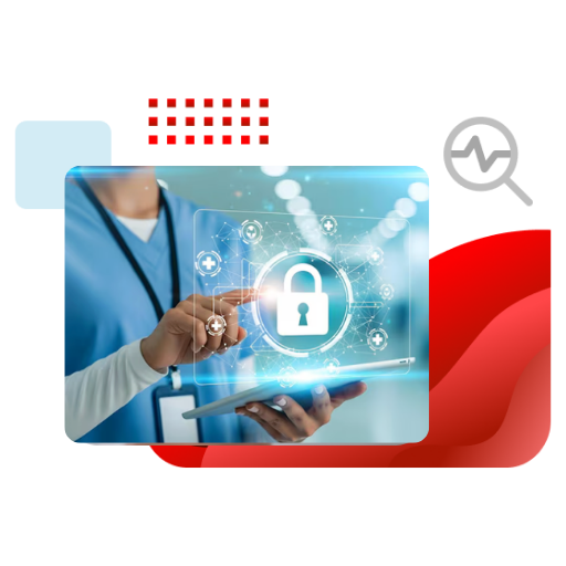 A healthcare worker holding a tablet with a glowing padlock overlay, representing patient data security.