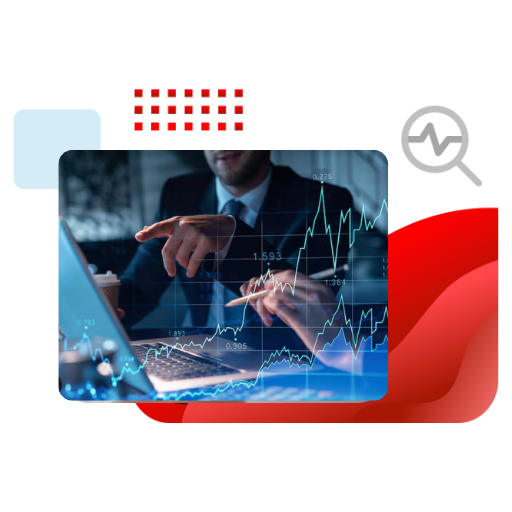Hands point to a screen, showing a chart with red bars and a green line, suggesting data analysis.