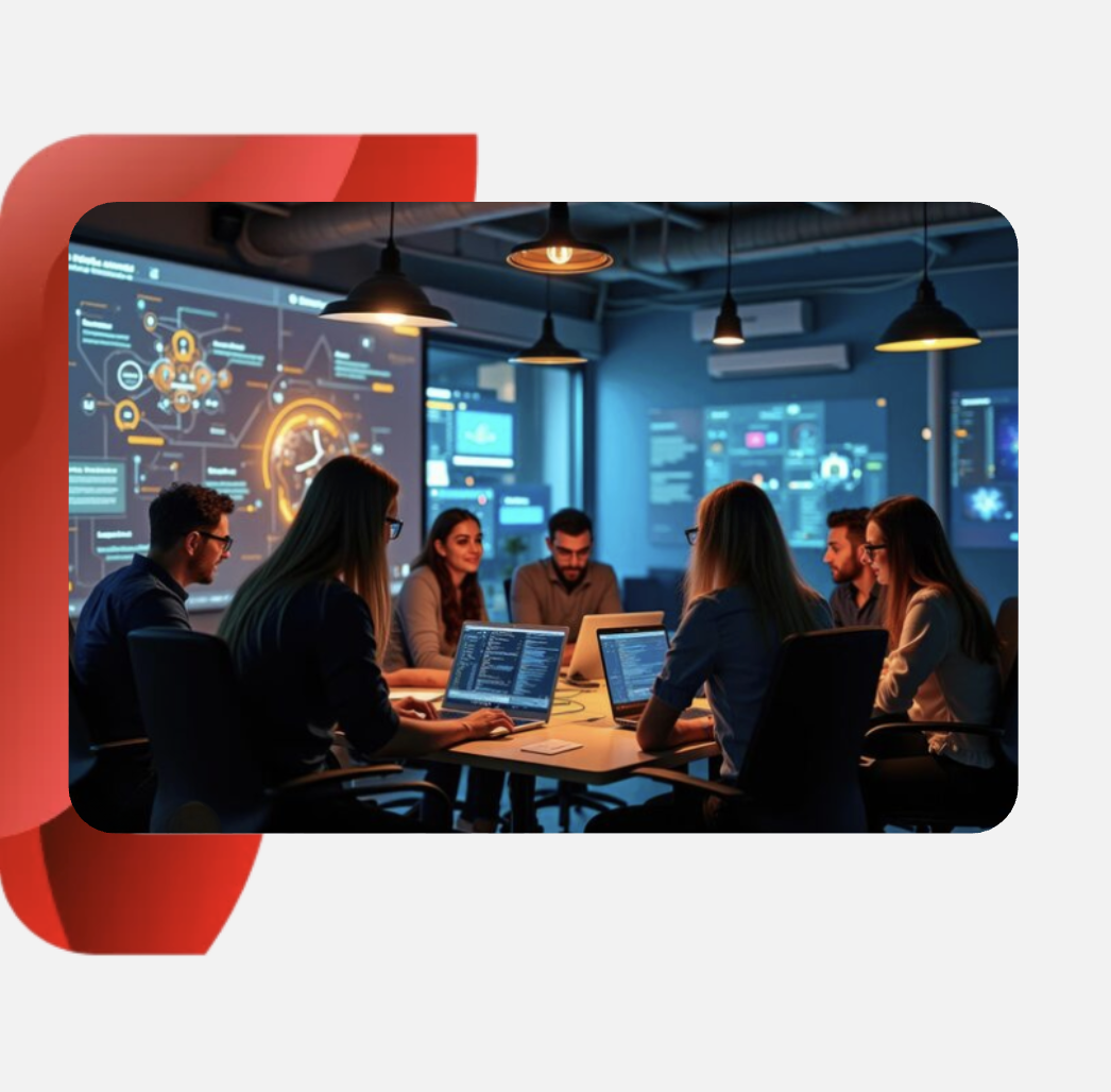 A team of tech professionals collaborating around a conference table