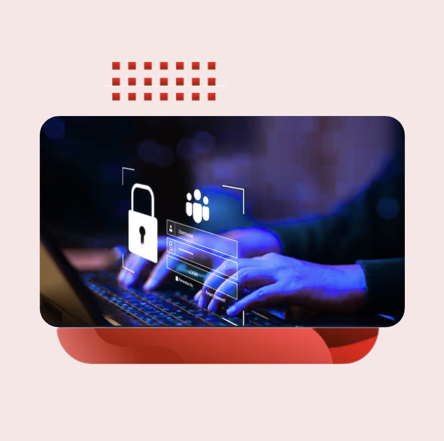 A person typing on a laptop keyboard with a digital cybersecurity interface displaying a login screen, username/password fields, and a padlock icon