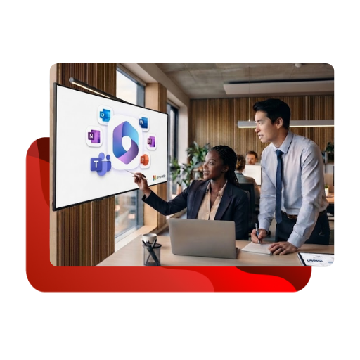 Two people reviewing a strategic roadmap on a tablet in an office setting.