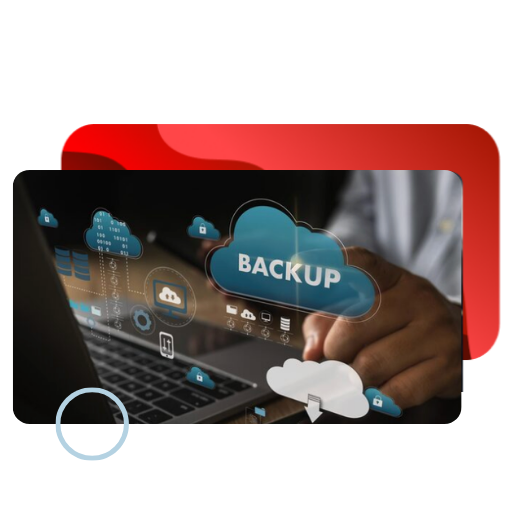 A person performing a system backup on a laptop, illustrated with cloud storage and security icons