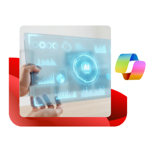 Digital AI analytics interface and Microsoft 365 Copilot logo