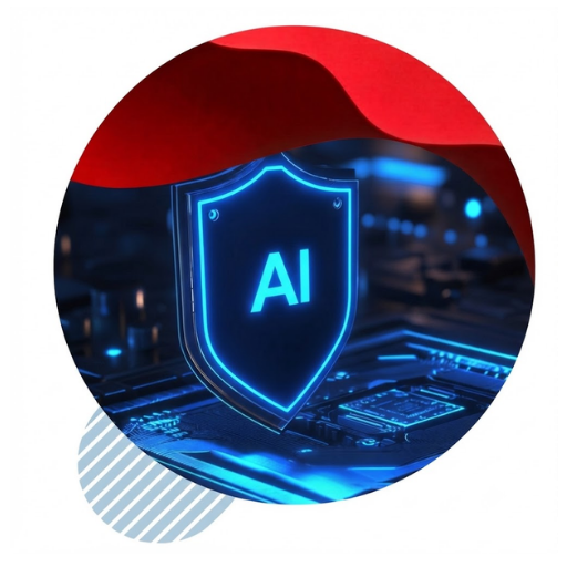 A digital shield with 'AI' text within, placed above a computer circuit board