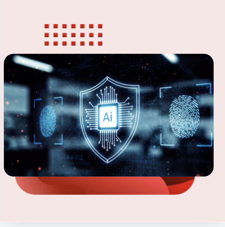 An AI shield icon alongside fingerprint authentication nodes against a background of data streams