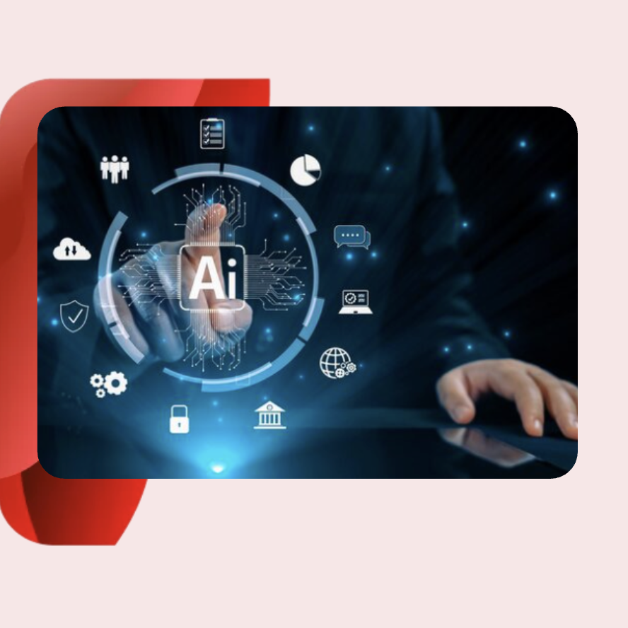 Digital display showing an AI core surrounded by icons for data, cloud, and security, part of custom AI development