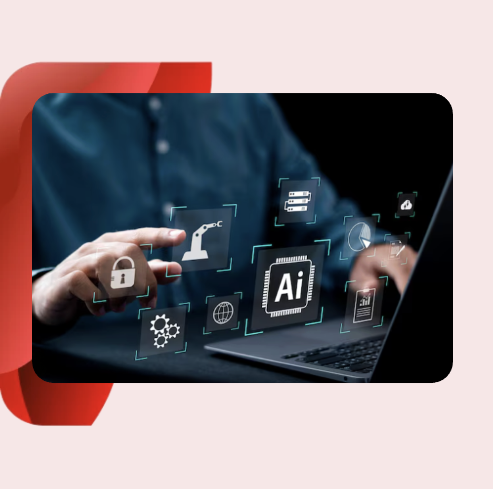 Digital touchscreen displaying various icons for data and robotics, highlighting how AI automation works