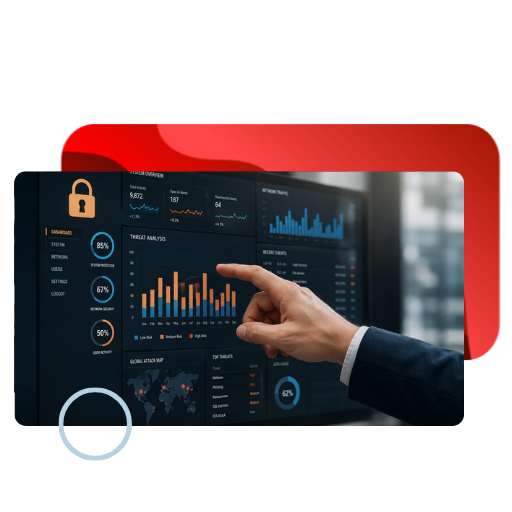 Hand pointing at a screen filled with security metrics and threat levels for effective risk mitigation